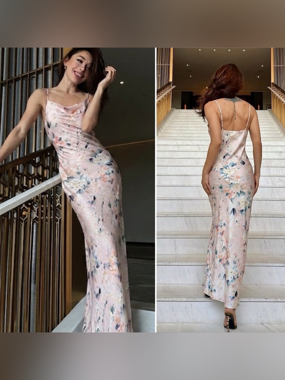 Pastel Watercolor Floral like Satin/Silk Slip Maxi Dress with Cowl Neck - S